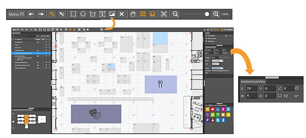 Floor Plan Design: standnummers, teksten, iconen, logo’s en zones toevoegen;  afbeeldingen importeren en uw plattegrond personaliseren.